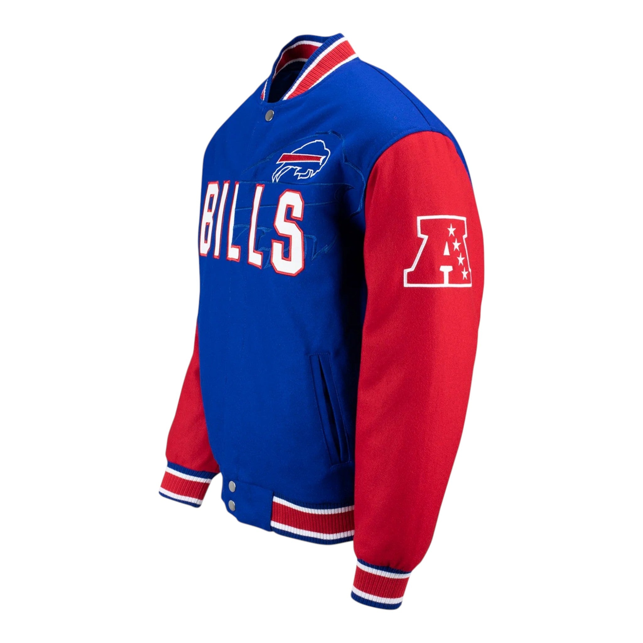 Blue and red jacket with 'Bills' branding on a white background
