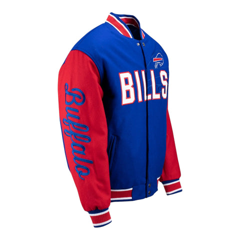 Blue and red jacket with 'Bills' text on a white background
