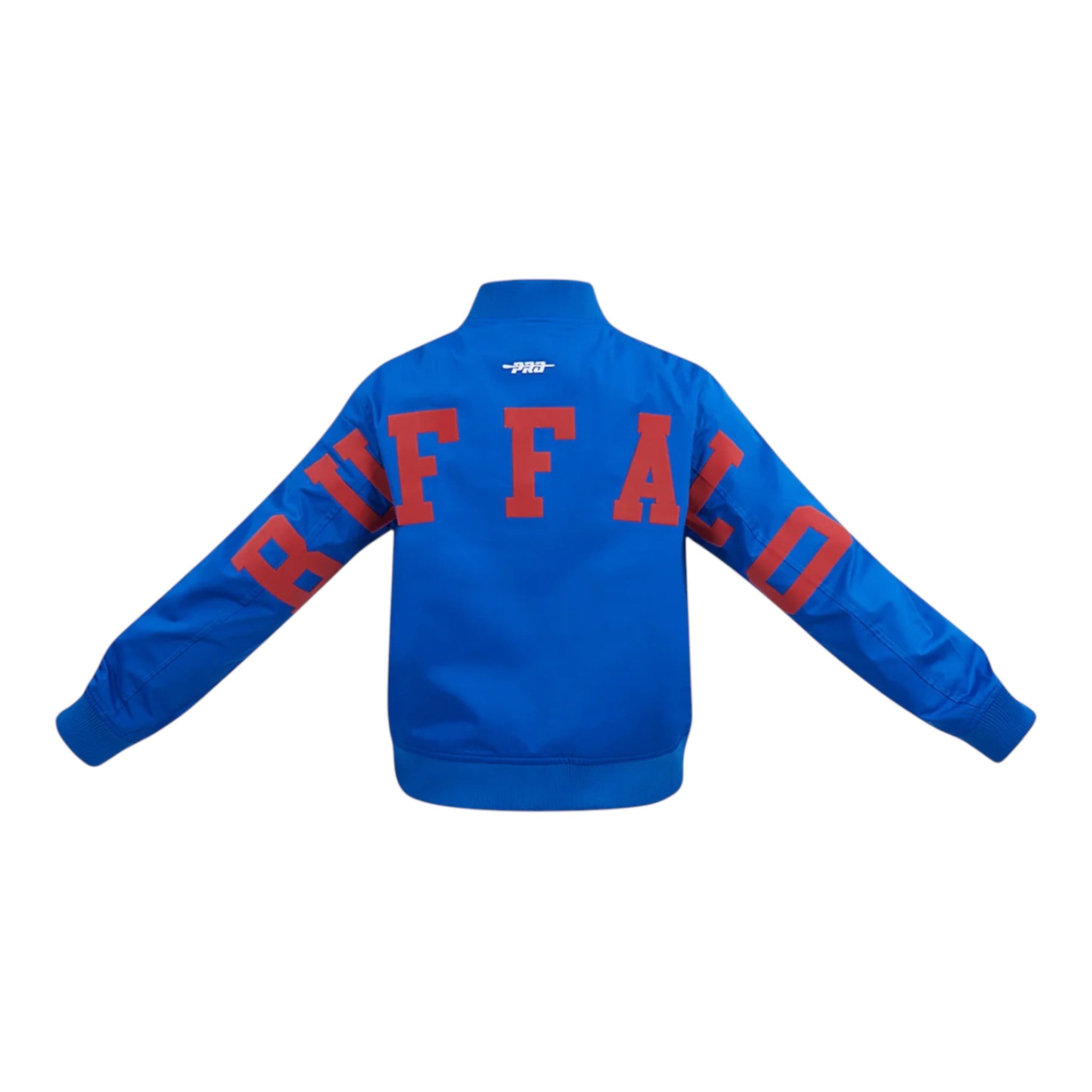 Blue jacket with red text on a white background