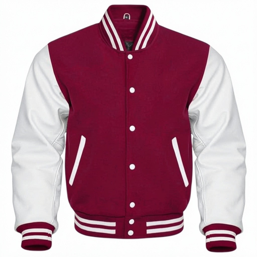 Burgundy and white varsity jacket on a white background