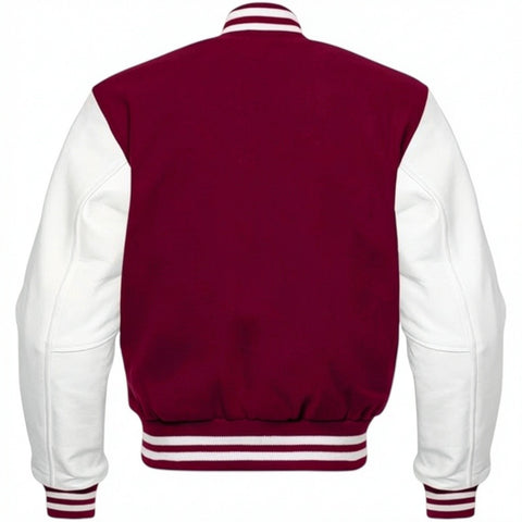 Burgundy and white varsity jacket on a white background