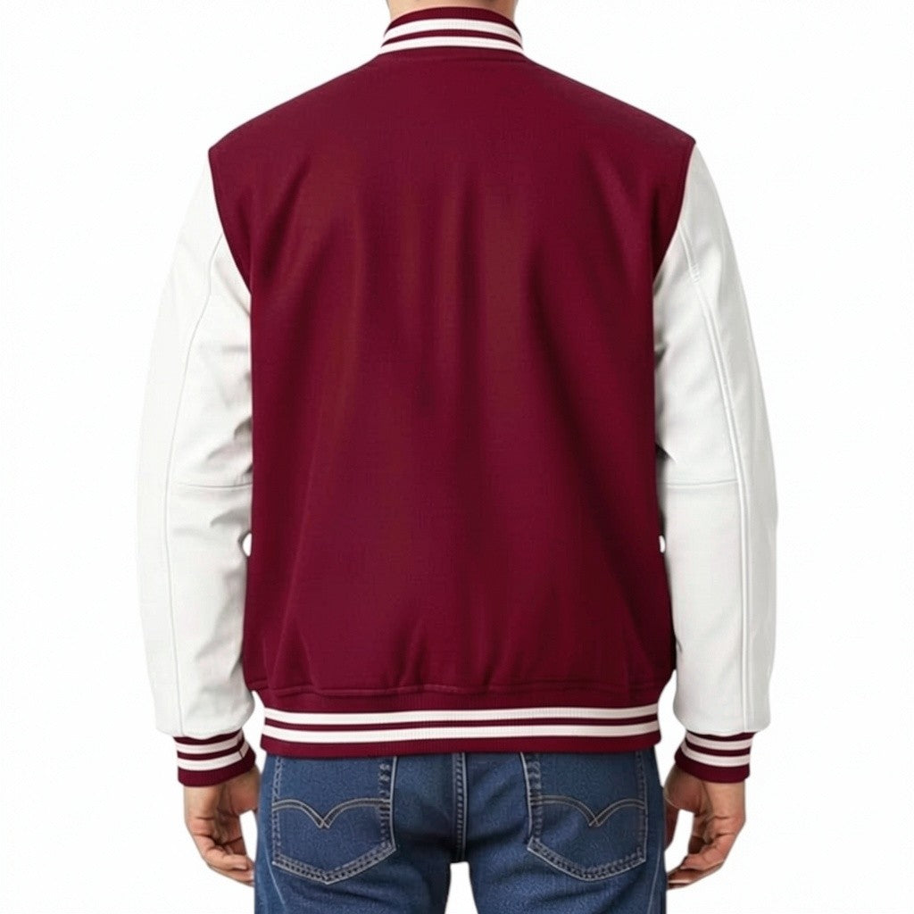 Burgundy and white varsity jacket on a plain background
