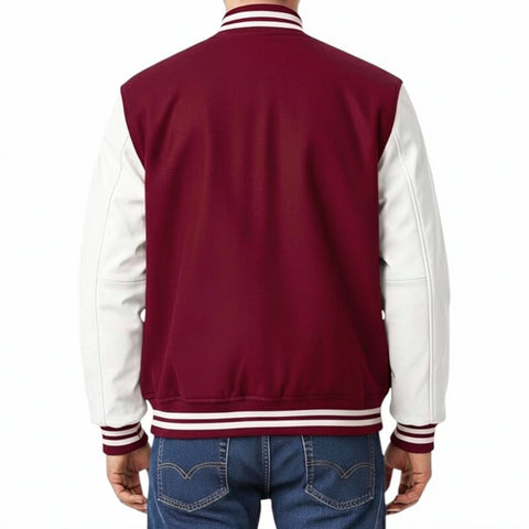 Burgundy and white varsity jacket on a plain background