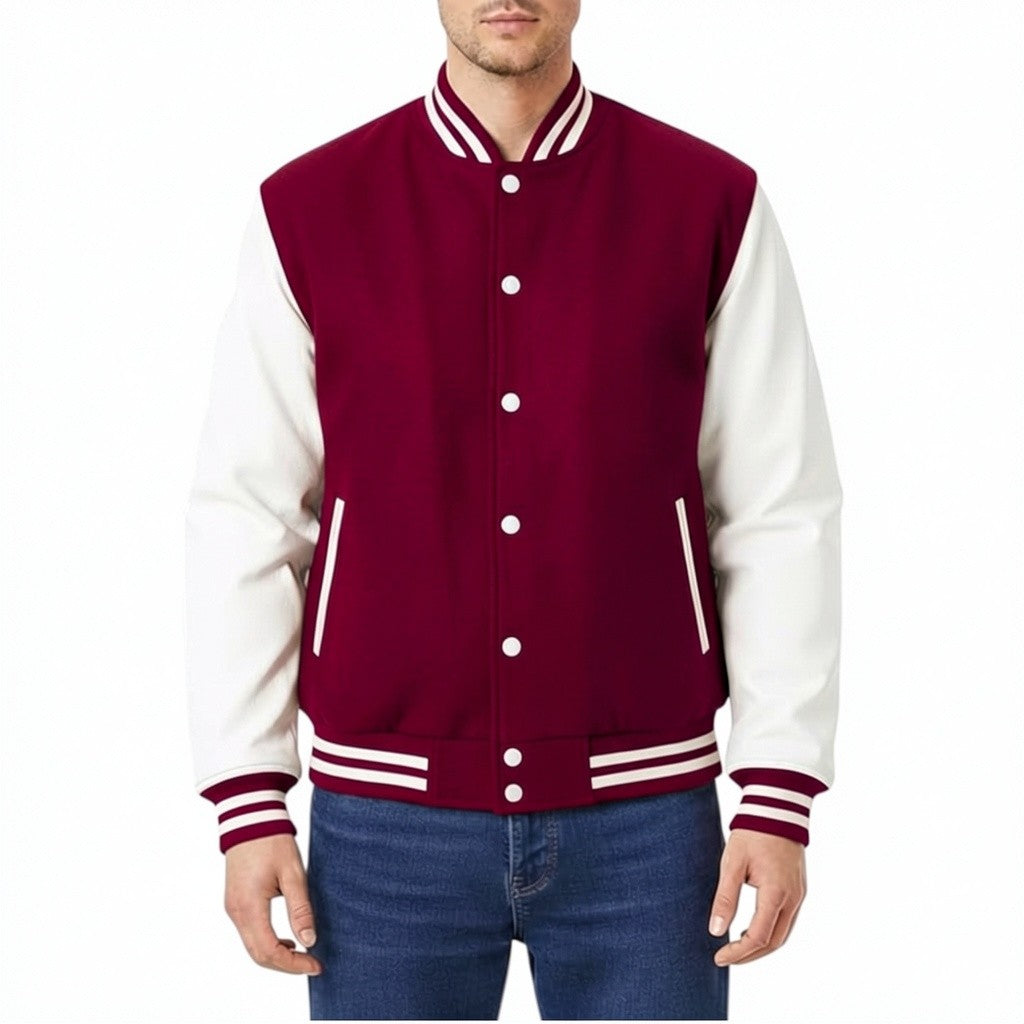 Burgundy white varsity jacket worn by a person on a white background