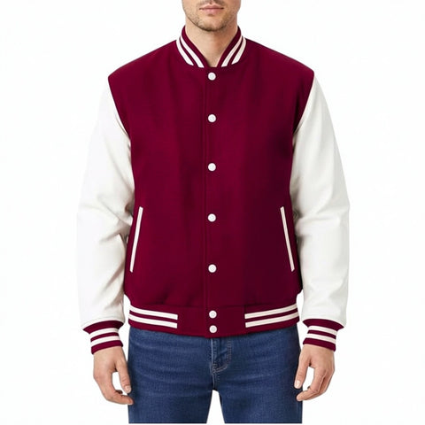 Burgundy white varsity jacket worn by a person on a white background