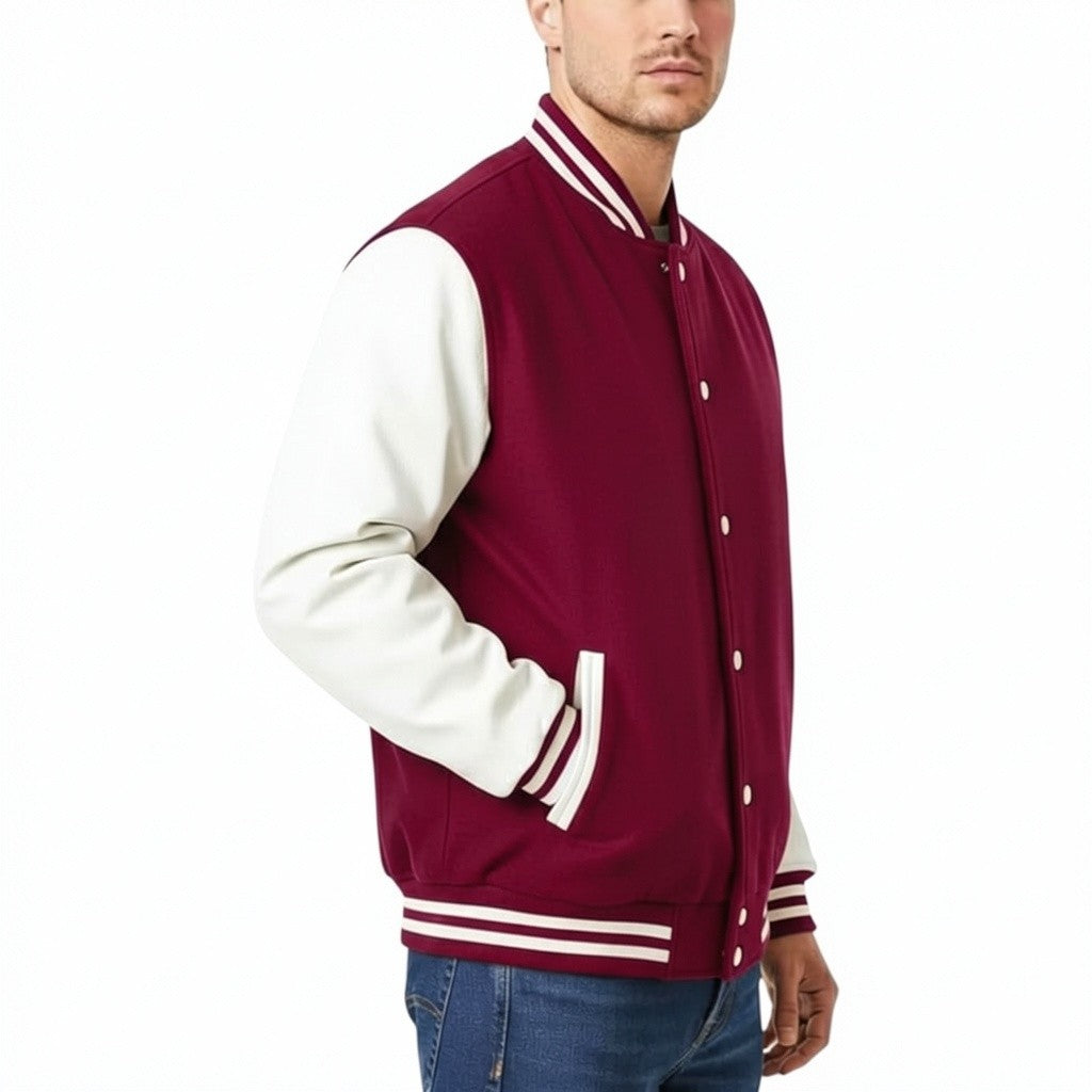 Burgundy and white varsity jacket worn by a person on a white background