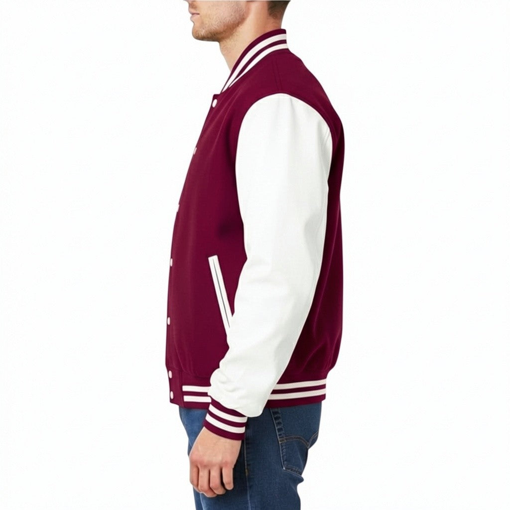 Burgundy and white varsity jacket worn by a person on a white background