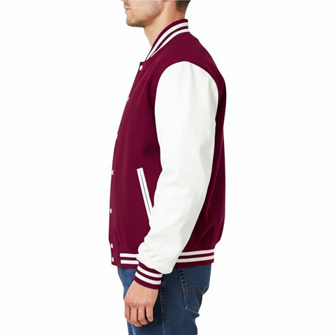 Burgundy and white varsity jacket worn by a person on a white background
