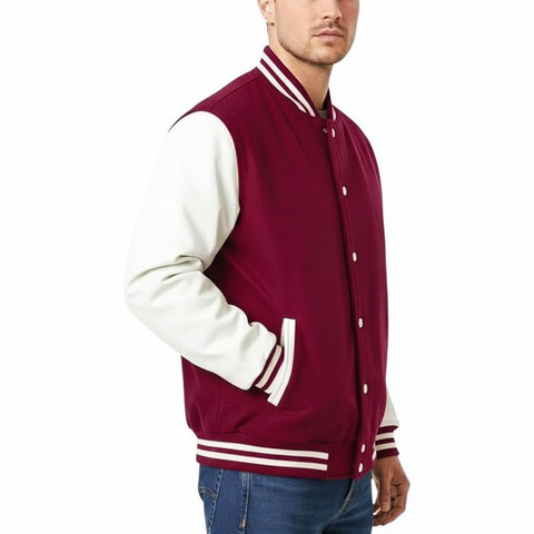 Burgundy and white varsity jacket worn by a person on a white background