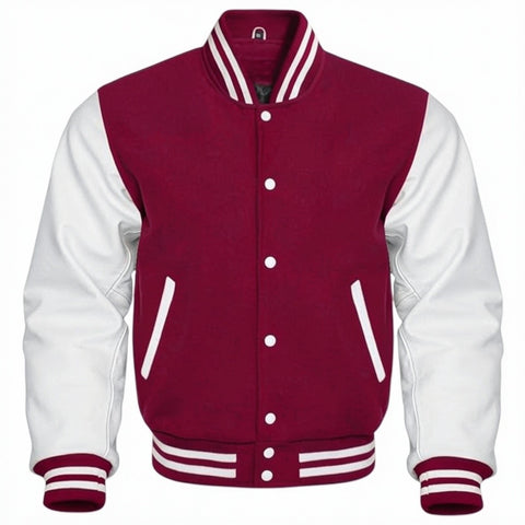 Burgundy and white varsity jacket on a white background