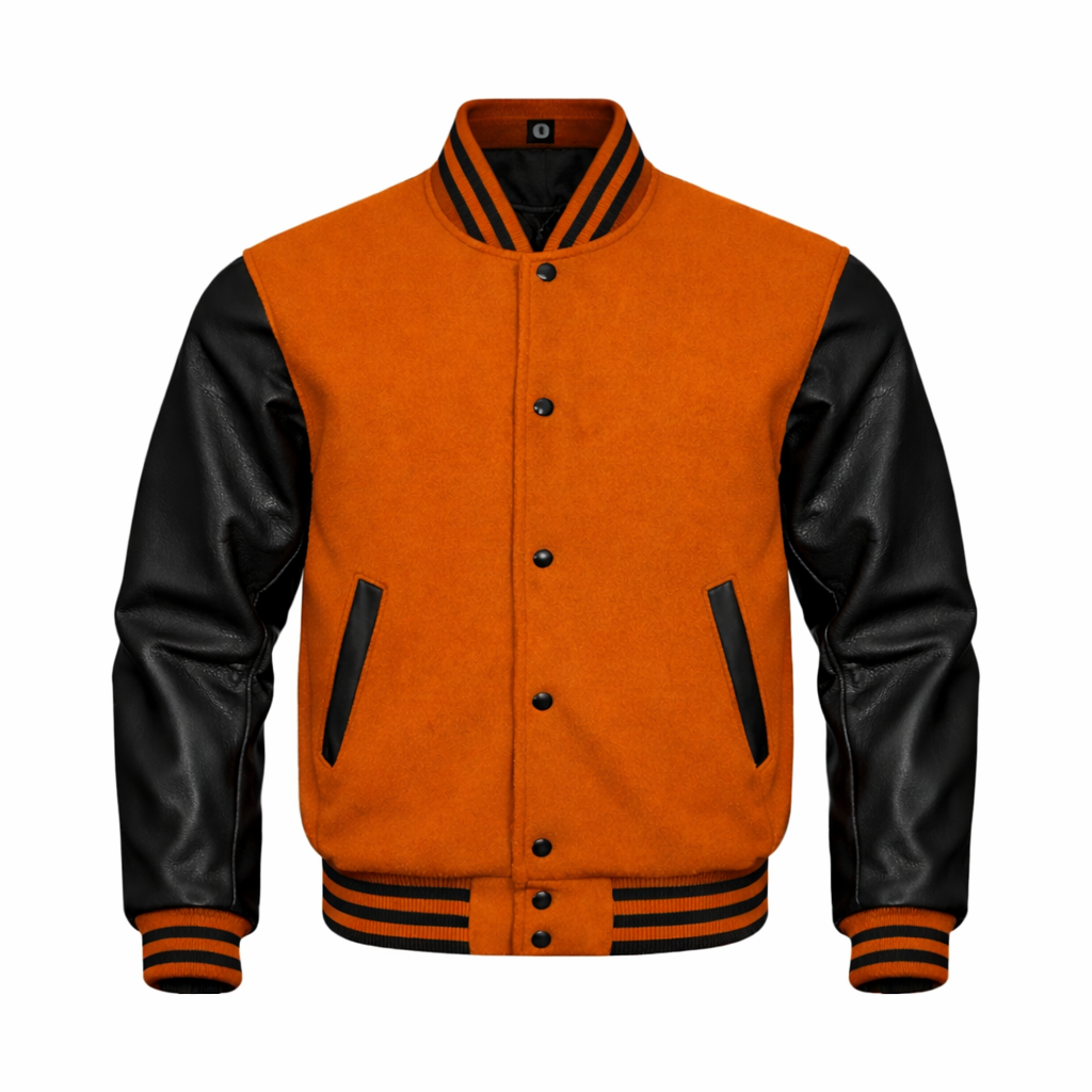A Burnt Orange and black varsity jacket with a heather gray body, black leather-look sleeves, and striped ribbed collar, cuffs, and hem, shown on a plain white background.