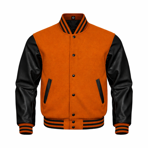 A Burnt Orange and black varsity jacket with a heather gray body, black leather-look sleeves, and striped ribbed collar, cuffs, and hem, shown on a plain white background.