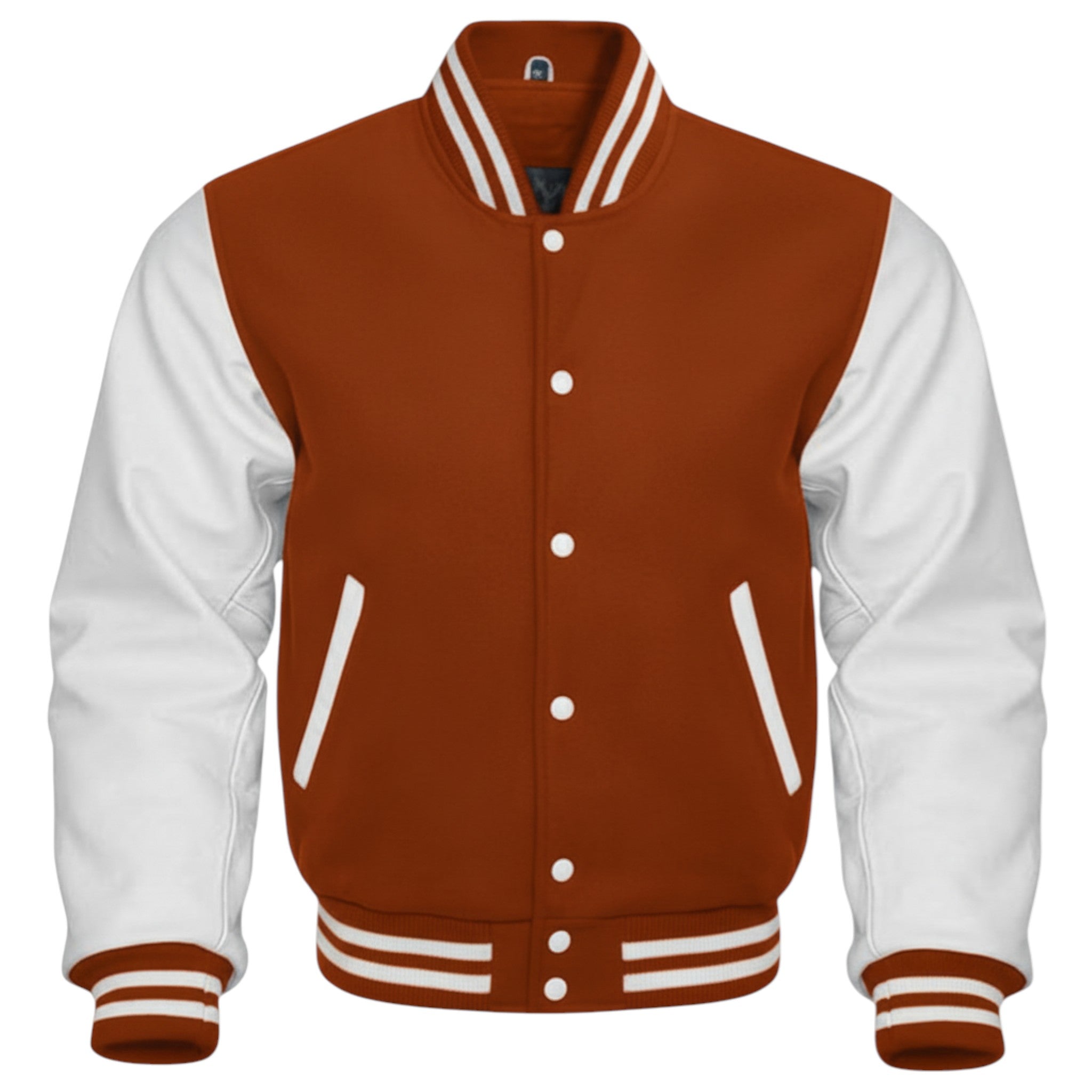 Burnt Orange - White  varsity jacket on a white background