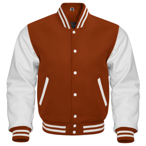 Burnt Orange - White  varsity jacket on a white background