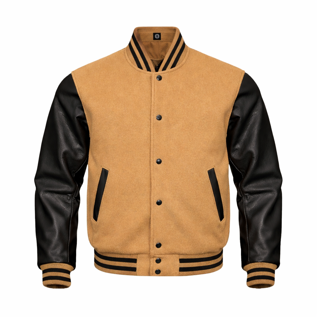 A varsity-style jacket with a Camel body and black leather sleeves, featuring black and white striped ribbed collar, cuffs, and hem, and black button closures.
