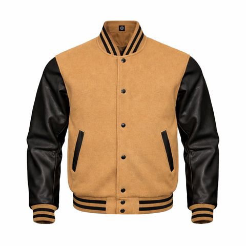 A varsity-style jacket with a Camel body and black leather sleeves, featuring black and white striped ribbed collar, cuffs, and hem, and black button closures.