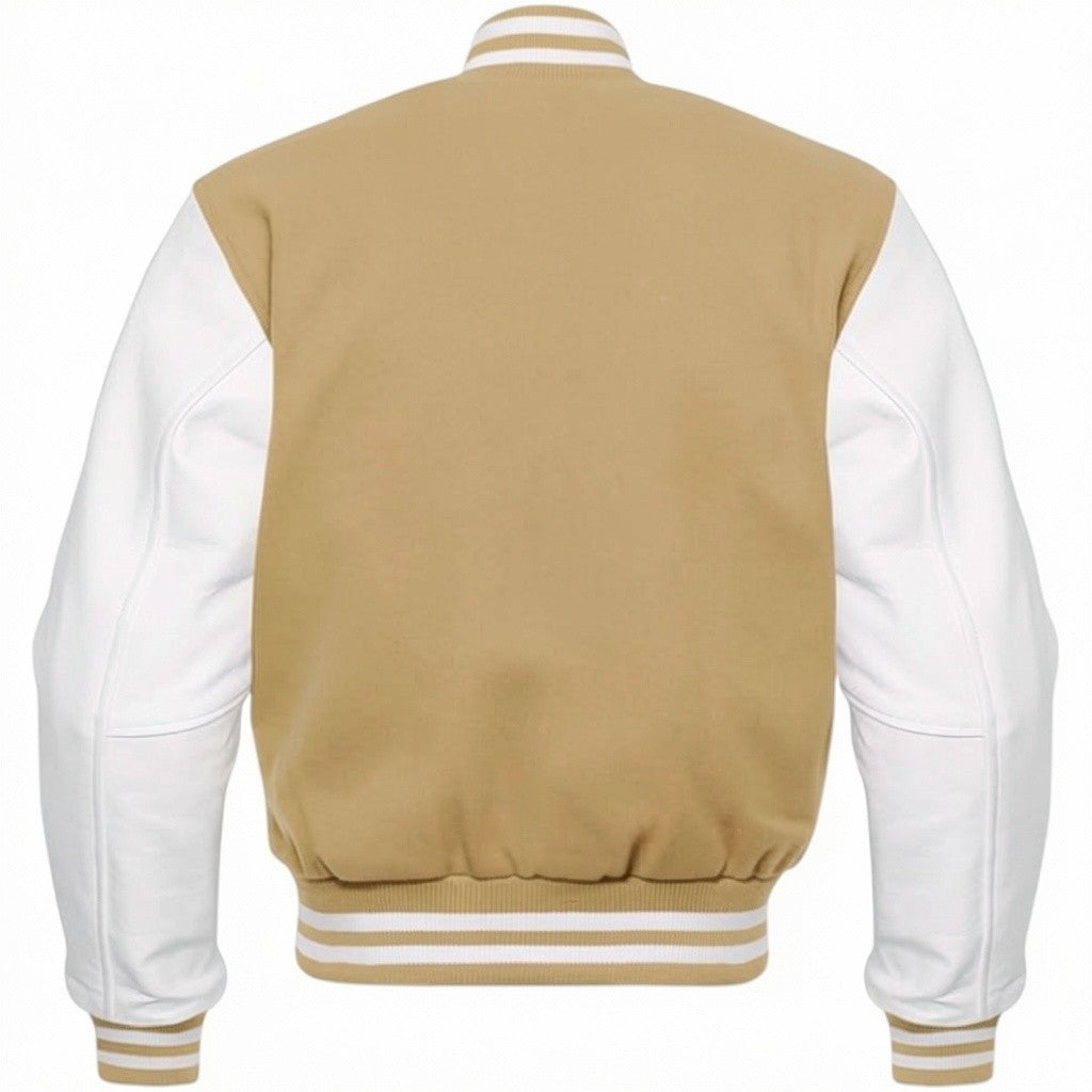 Camel and white varsity jacket on a white background