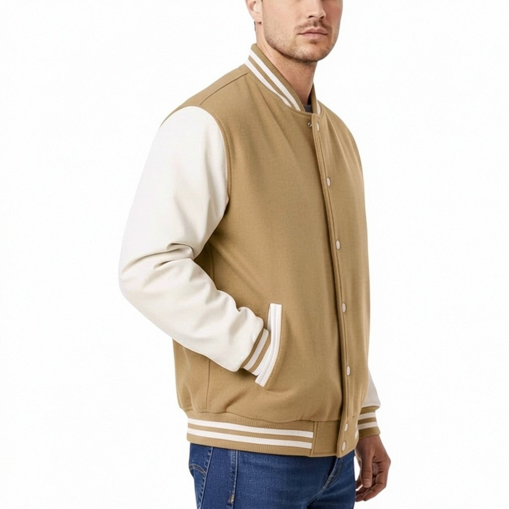 Man wearing a Camel varsity jacket with white sleeves and collar on a white background