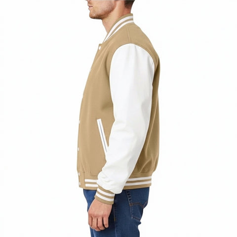 Man wearing a Camel and white varsity jacket on a white background