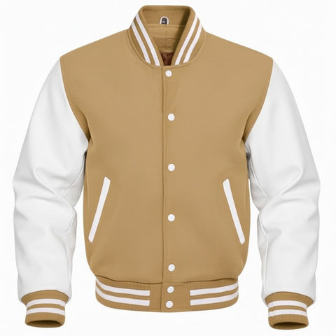 Camel and white varsity jacket on a white background