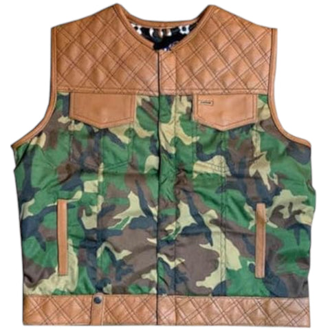 A quilted puffer vest featuring a green and brown camouflage pattern body with leather trim, a diamond-quilted collar, and two chest pockets.