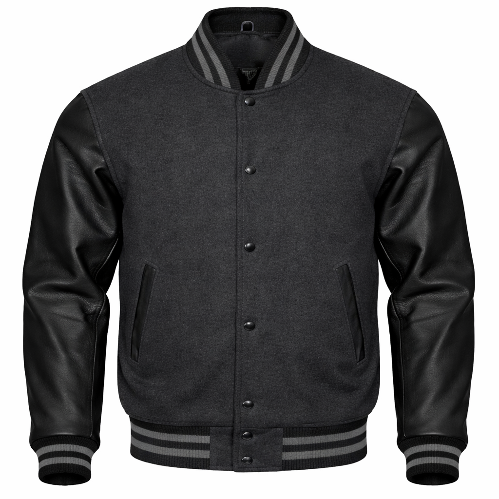 A Charcoal and black varsity jacket with a heather Charcoal body, black leather-look sleeves, and striped ribbed collar, cuffs, and hem, shown on a plain white background.