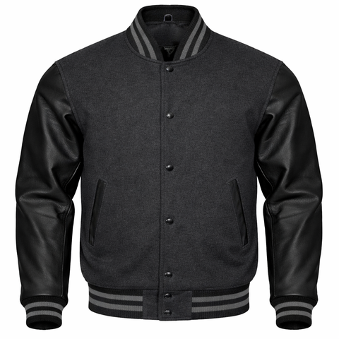 A Charcoal and black varsity jacket with a heather Charcoal body, black leather-look sleeves, and striped ribbed collar, cuffs, and hem, shown on a plain white background.