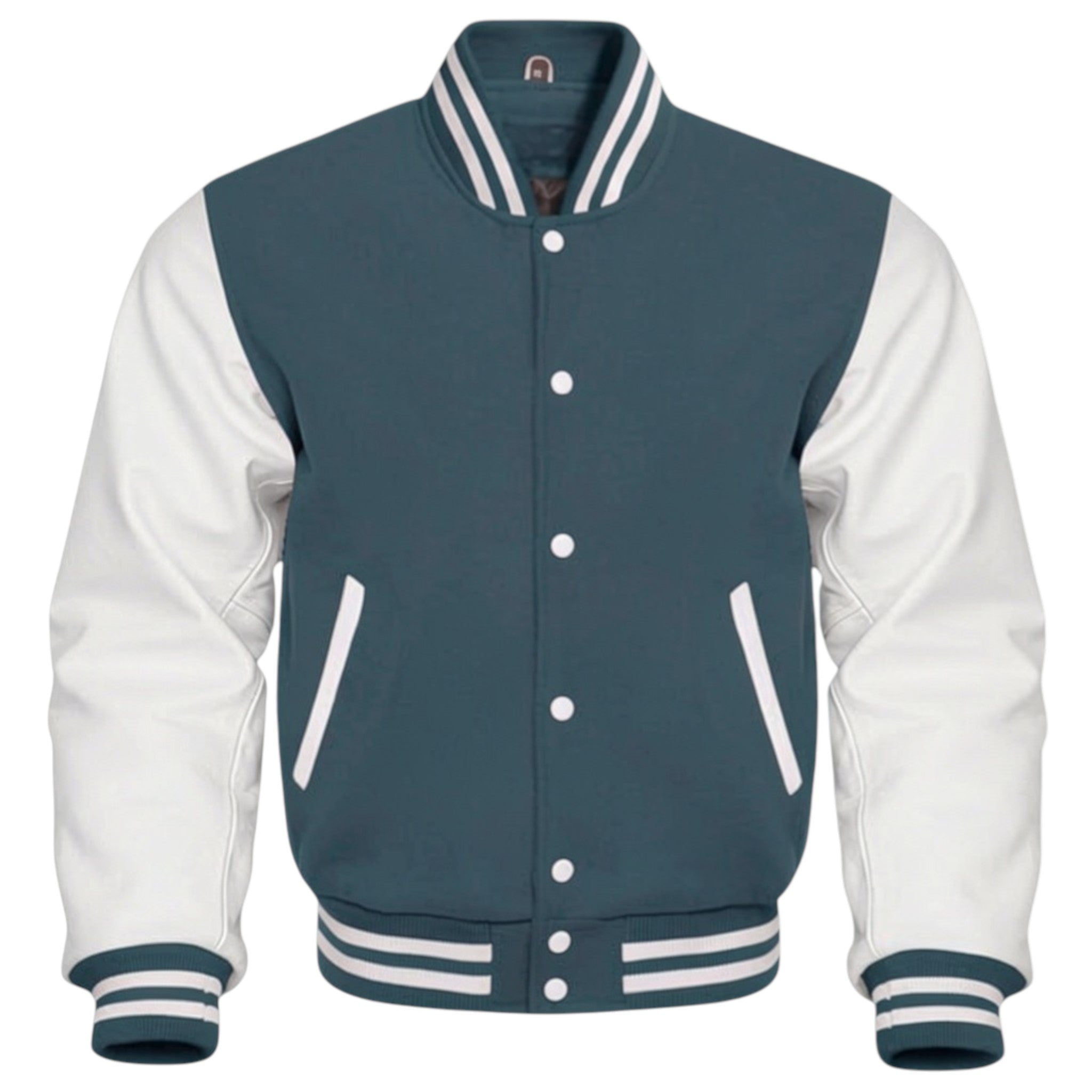 Charcoal and white varsity jacket with button details on a white background
