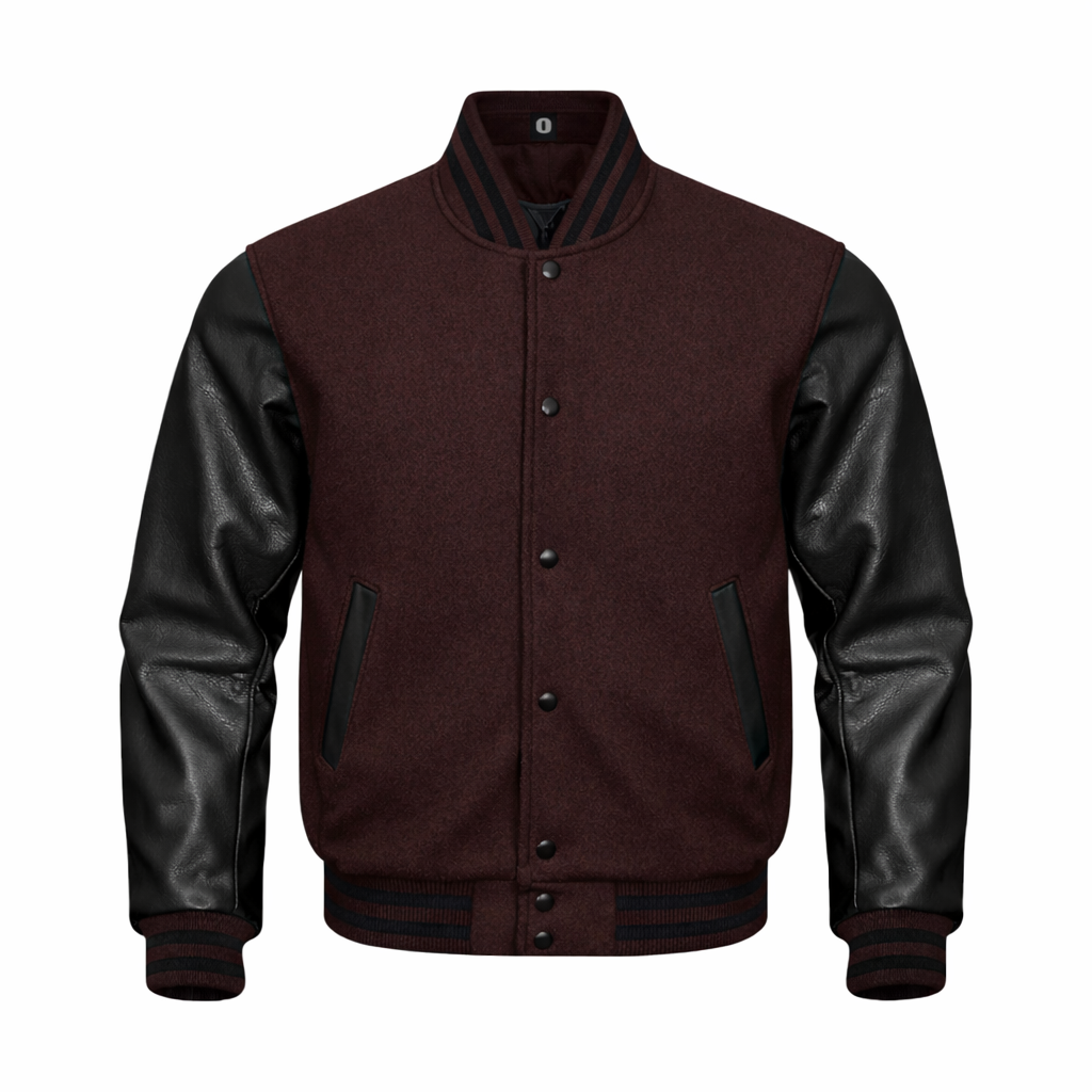 A varsity-style jacket with a Chocolate wool body and black leather sleeves, featuring a snap-button front, ribbed collar and cuffs, and black side pocket panels.