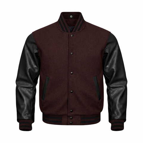 A varsity-style jacket with a Chocolate wool body and black leather sleeves, featuring a snap-button front, ribbed collar and cuffs, and black side pocket panels.