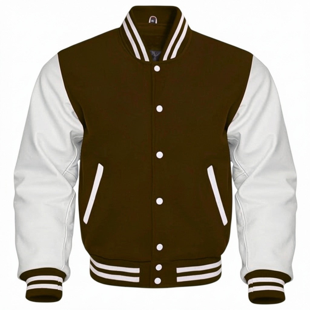 Chocolate and white varsity jacket on a white background