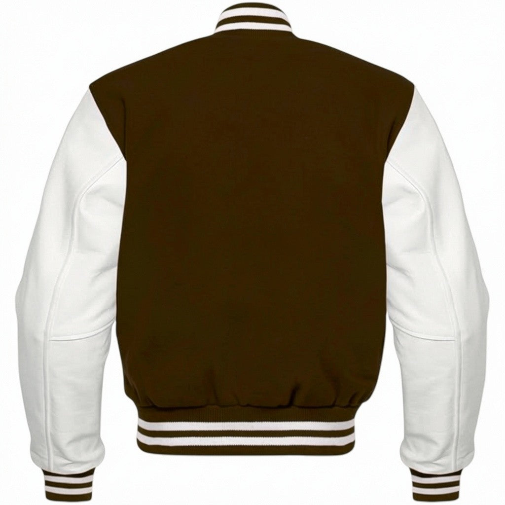 Chocolate and white varsity jacket on a white background