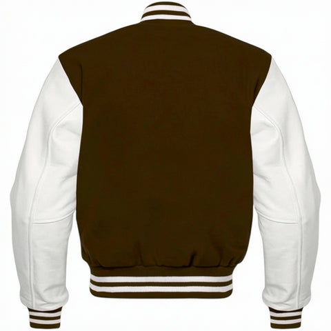 Chocolate and white varsity jacket on a white background