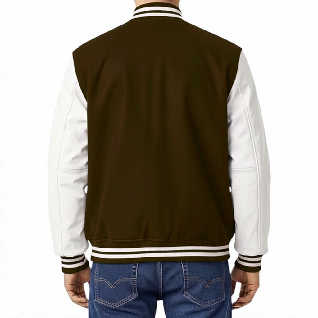 Chocolate and white varsity jacket with blue jeans on a white background