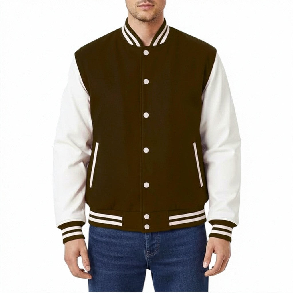 Chocolate and white varsity jacket worn by a person on a white background