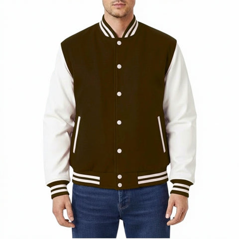Chocolate and white varsity jacket worn by a person on a white background