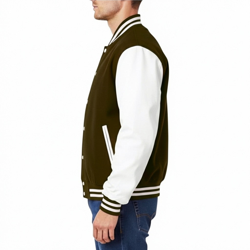 Man wearing a Chocolate and white varsity jacket on a white background
