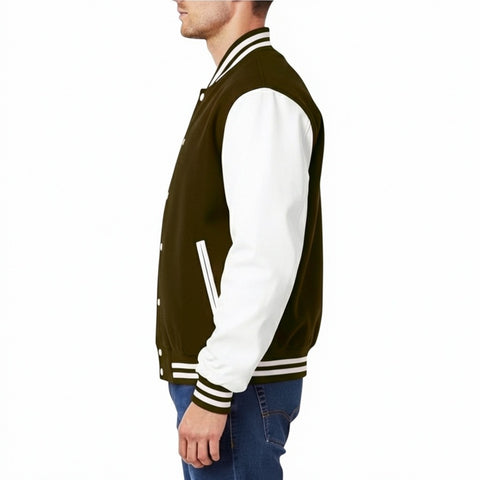 Man wearing a Chocolate and white varsity jacket on a white background