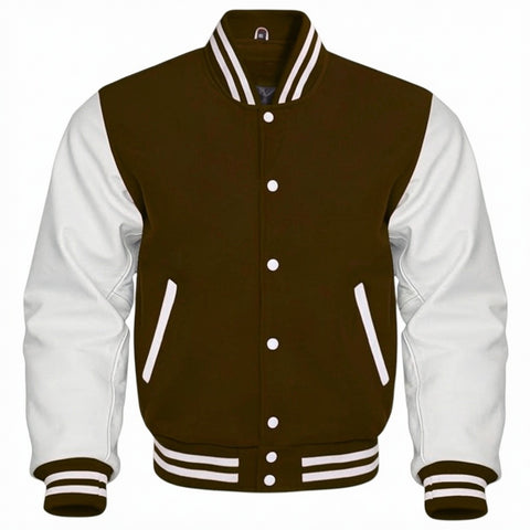 Chocolate and white varsity jacket on a white background