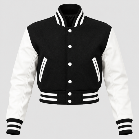 Black White Cropped Varsity Jacket Women Leather Sleeves