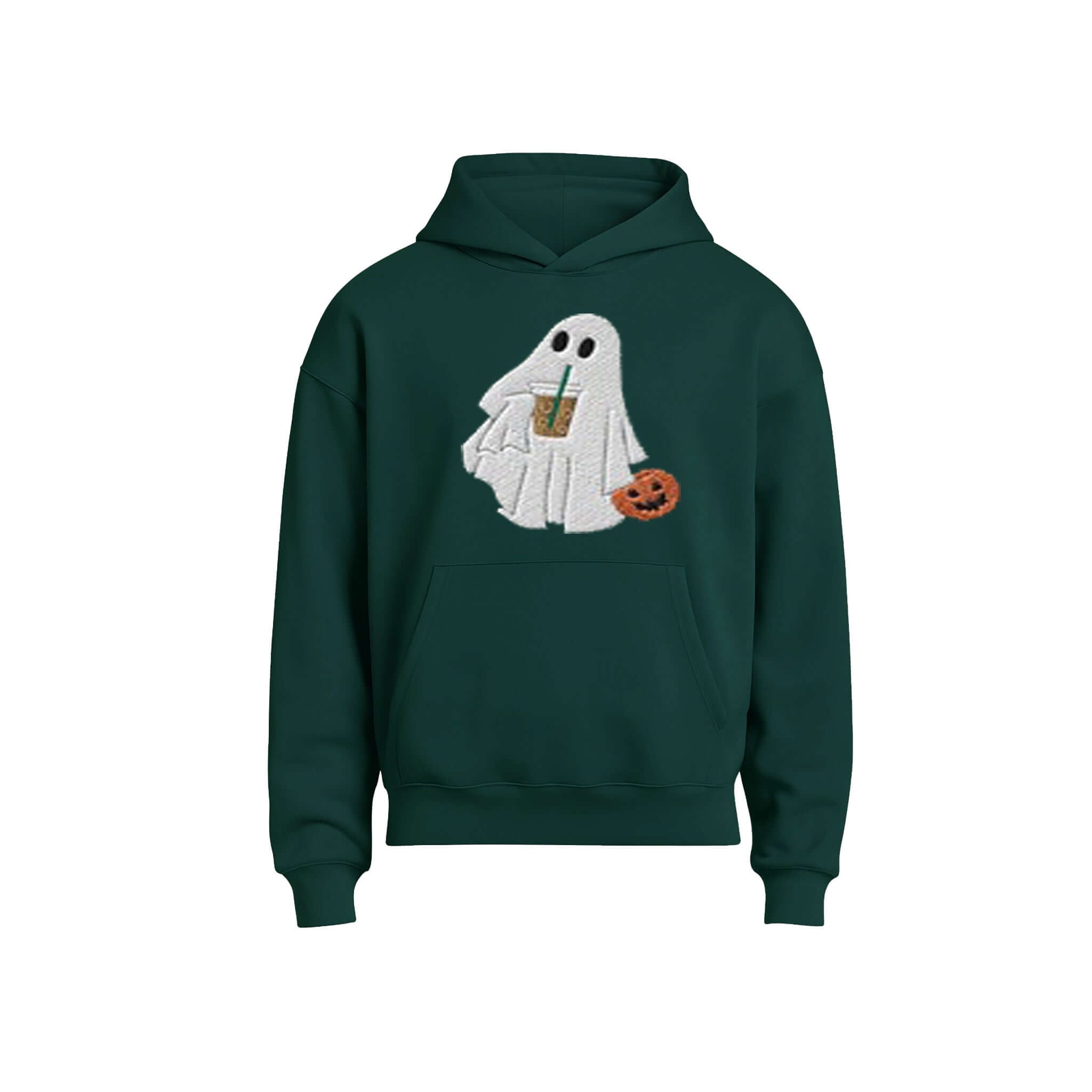 A dark green pullover hoodie featuring a graphic of a white ghost holding a pumpkin and a drink, displayed on a clean white background.