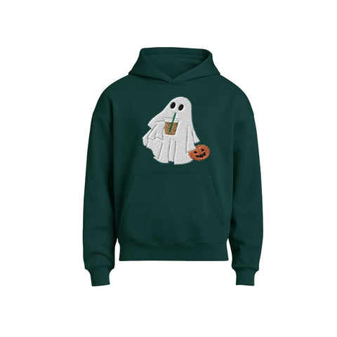 A dark green pullover hoodie featuring a graphic of a white ghost holding a pumpkin and a drink, displayed on a clean white background.