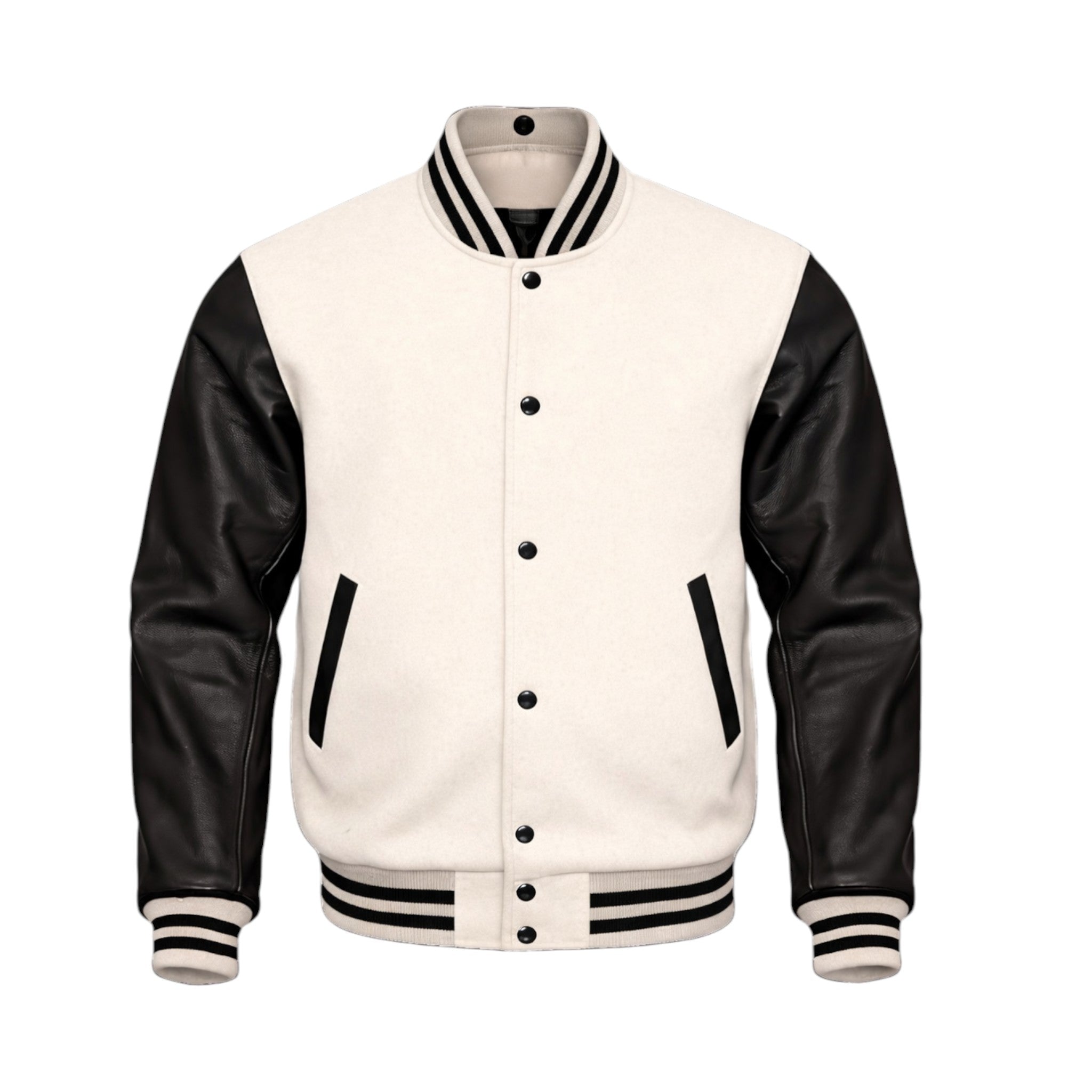 Cream varsity jacket with black sleeves on a white background