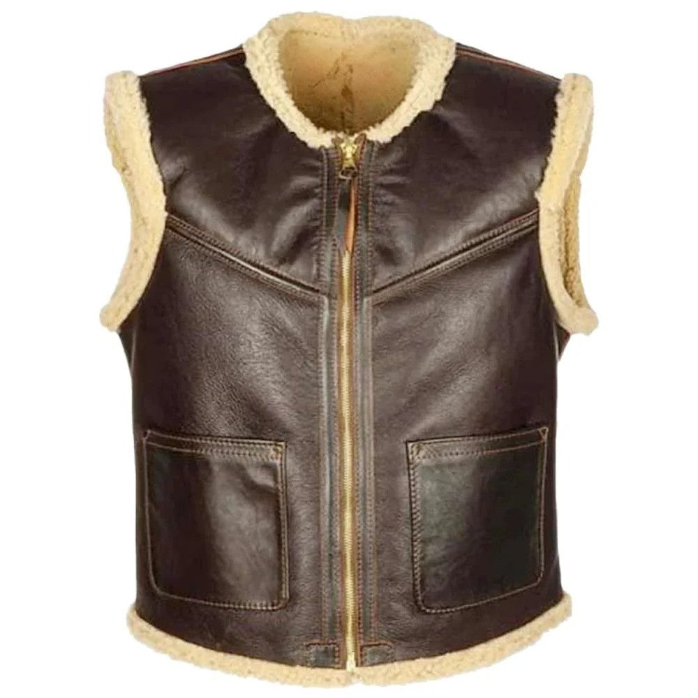 A dark brown leather aviator-style vest with a cream-colored shearling lining on the collar, armholes, and hem, featuring a front zipper and two patch pockets.