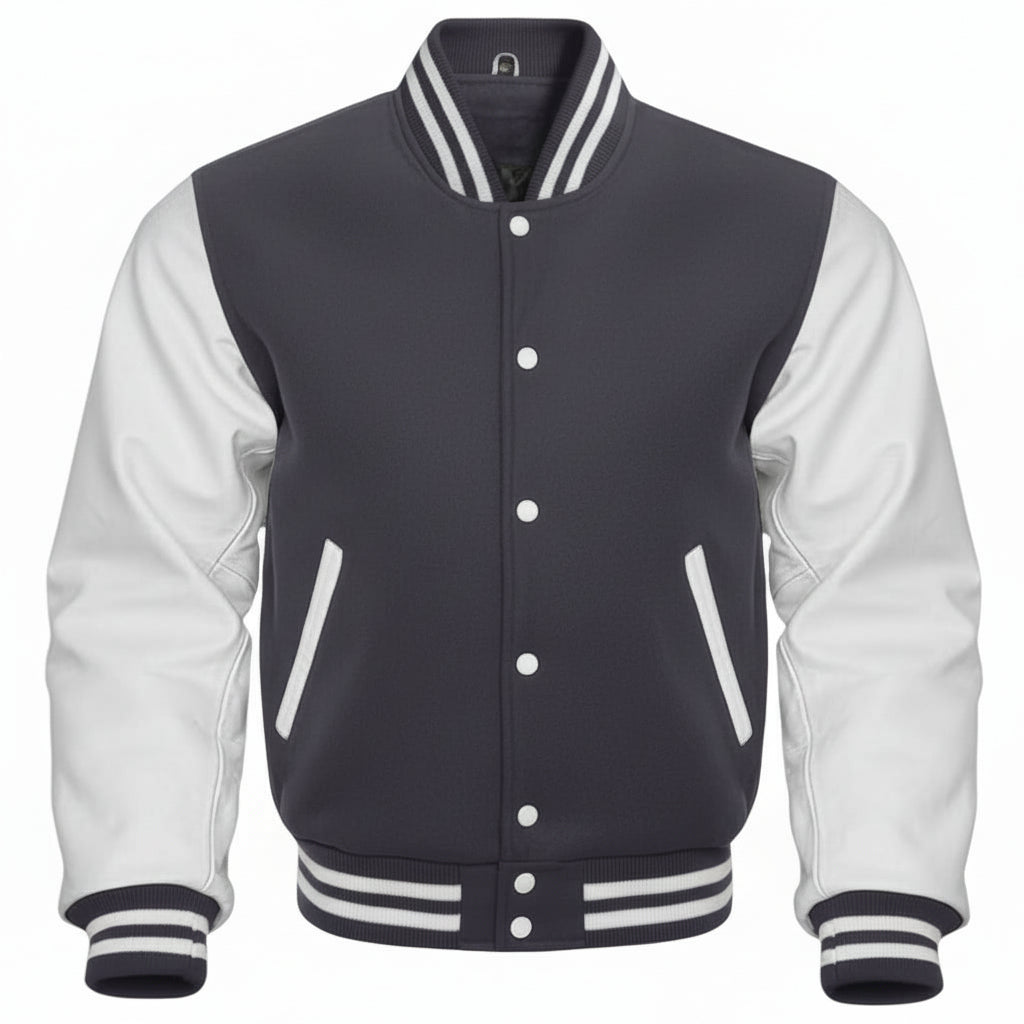 A varsity-style jacket with a dark gray body and white sleeves, featuring white buttons, striped ribbed collar, cuffs, and hem, and diagonal white welt pockets.