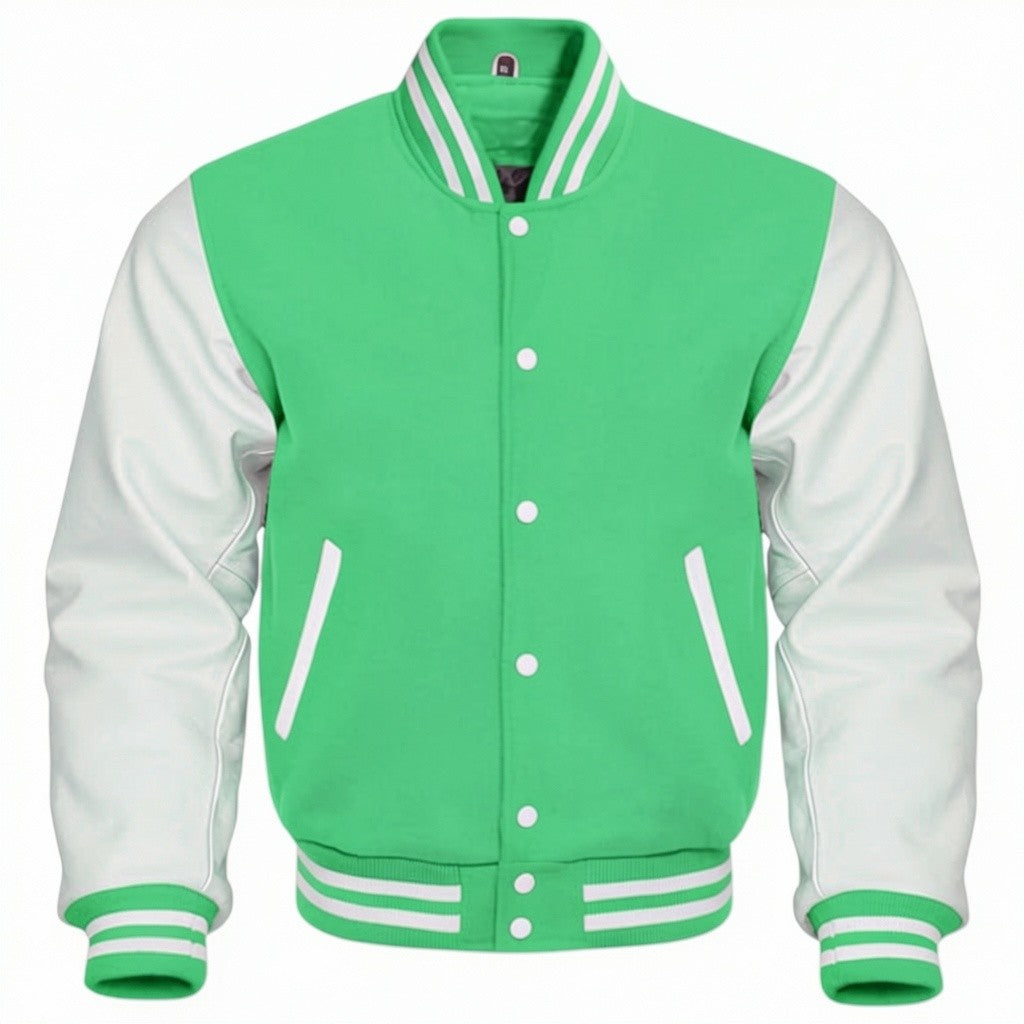 Emerald and white varsity jacket on a white background