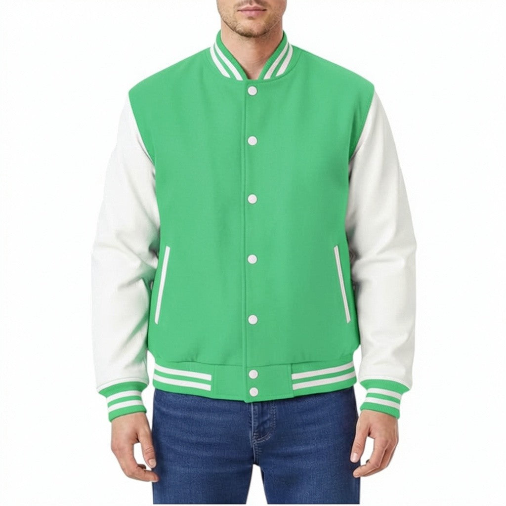 Green and white varsity jacket worn by a person on a white background