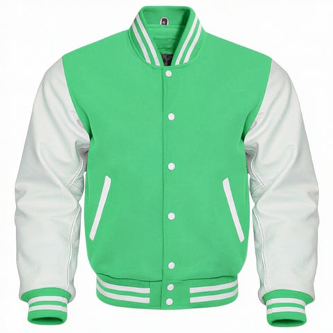 Emerald and white varsity jacket on a white background