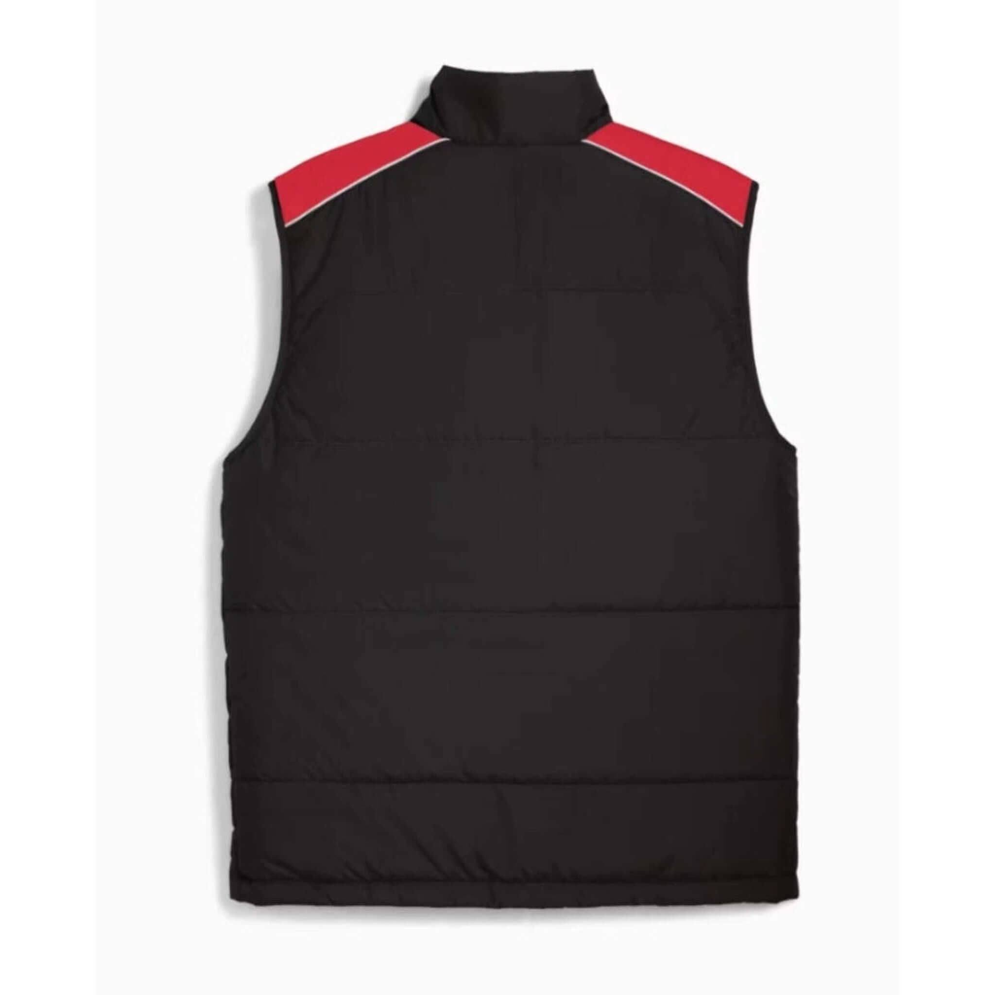 Ferrari F1 MT7 Padded Vest Official Black Racing Wear shown from the back, featuring red accents on shoulders.