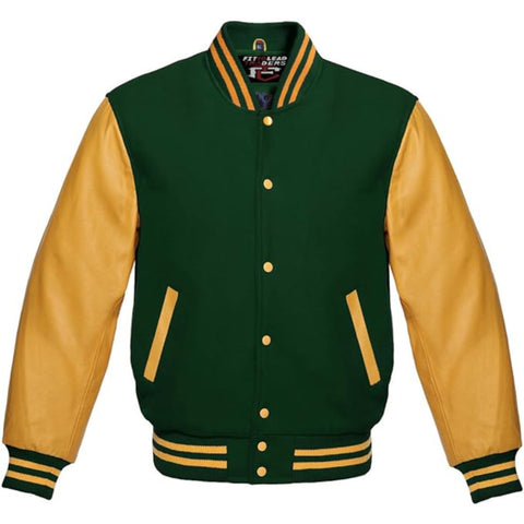 Modern Wool Bomber Jacket Gold Leather Sleeves Stylish Wear